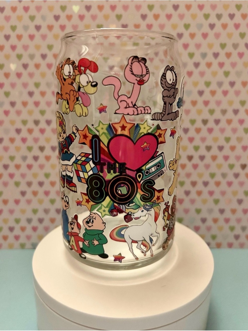 I Love the 80’s Retro Cartoon Glass Cup w/ Lid & Straw